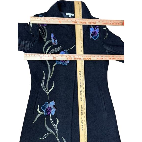 "Carson" 100% Wool Embroidered Floral Black Coat SZ L Netting On Sleeve Dk Fairy - Picture 7 of 16
